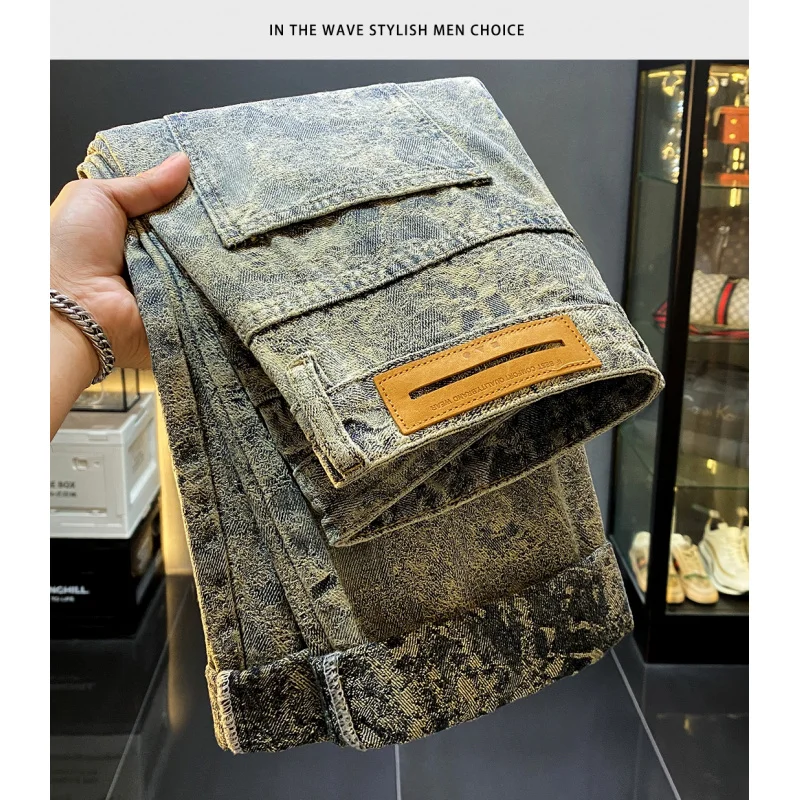 

Jacquard jeans men's new style with a cool and stylish design, loose straight leg, fashionable and personalized hip-hop wide leg