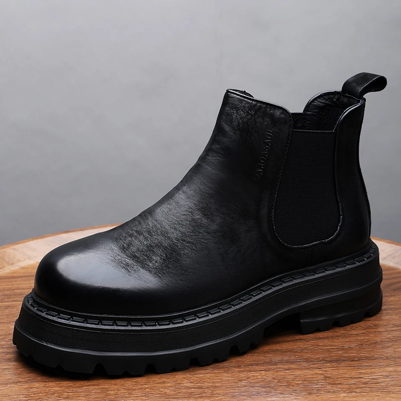 Chelsea boots men's autumn new style sleeve thick soled short boots high top casual leather shoes 240808