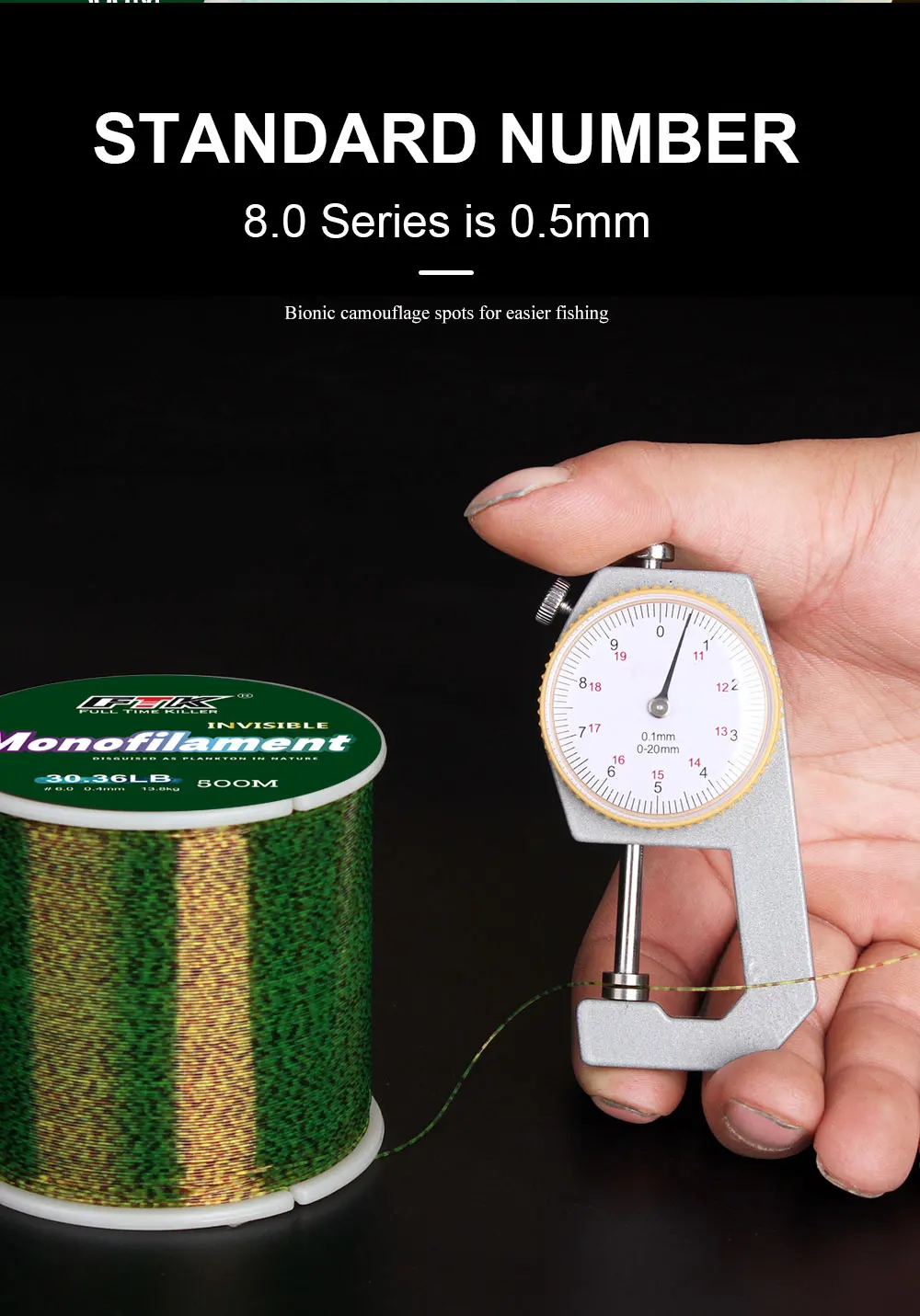 FTK 300m Unsichtbare Angelschnur, gefleckte Karpfenschnur, Monofilament, 0,20mm-0,50mm, 4,13LB-34,32LB, Super Starke gefleckte Schnur, sinkend – Detail 12