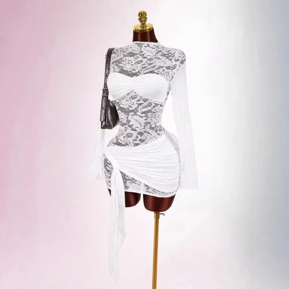 New Round Neck Lace Mesh Spliced Midi Dress Women Long Sleeve Slim Dress Ruched Lace Up Wedding Guest Semi Formal Outfit