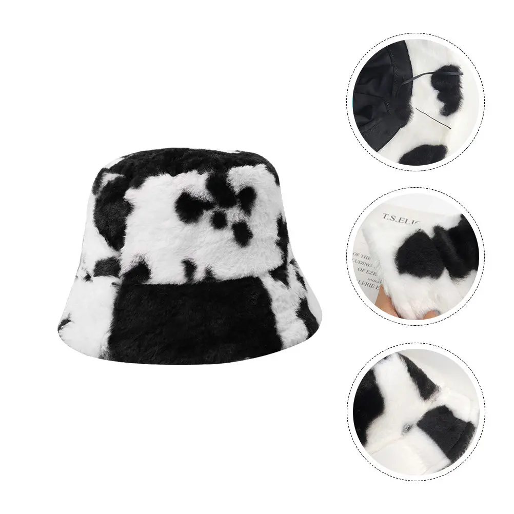 

1Pcs Cow Pattern Fisherman Hat Black White Stylish Bucket Hat Warm Winter Headwear for Outdoor Casual Wear Lamb Wool Material