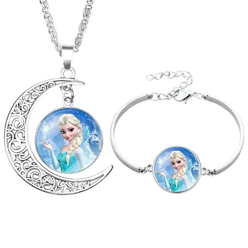 2pcs/lot Disney cartoon Frozen children necklace+Bracelet Elsa bow doll accessories girl birthday gift cosmetic sweater jewelry