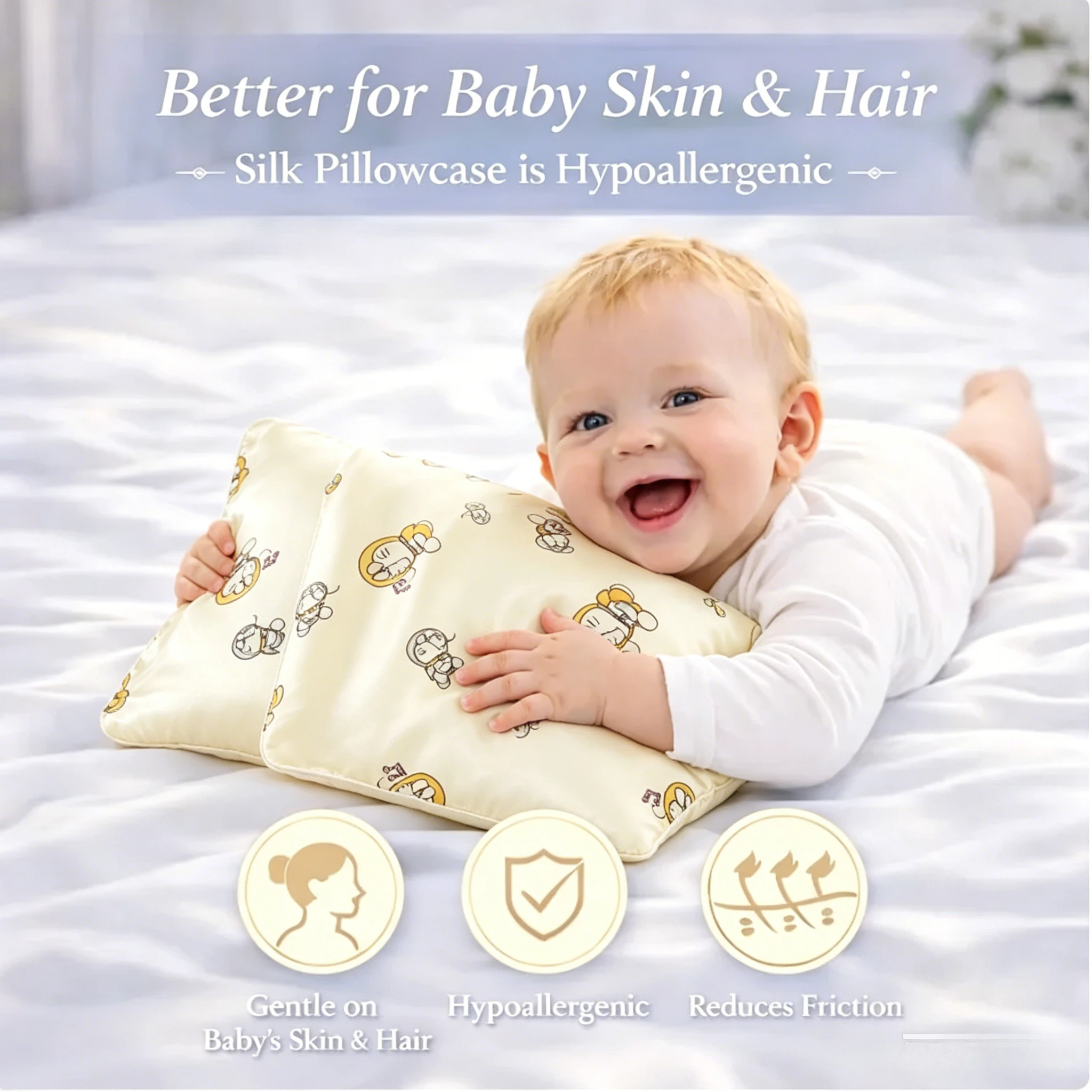 100% PURE Silk Pillowcase for Baby Fine Hair, Mulberry Silk Pillow Cover Envelope Anti-Frizz Hypoallergenic Preschool Nap Mat