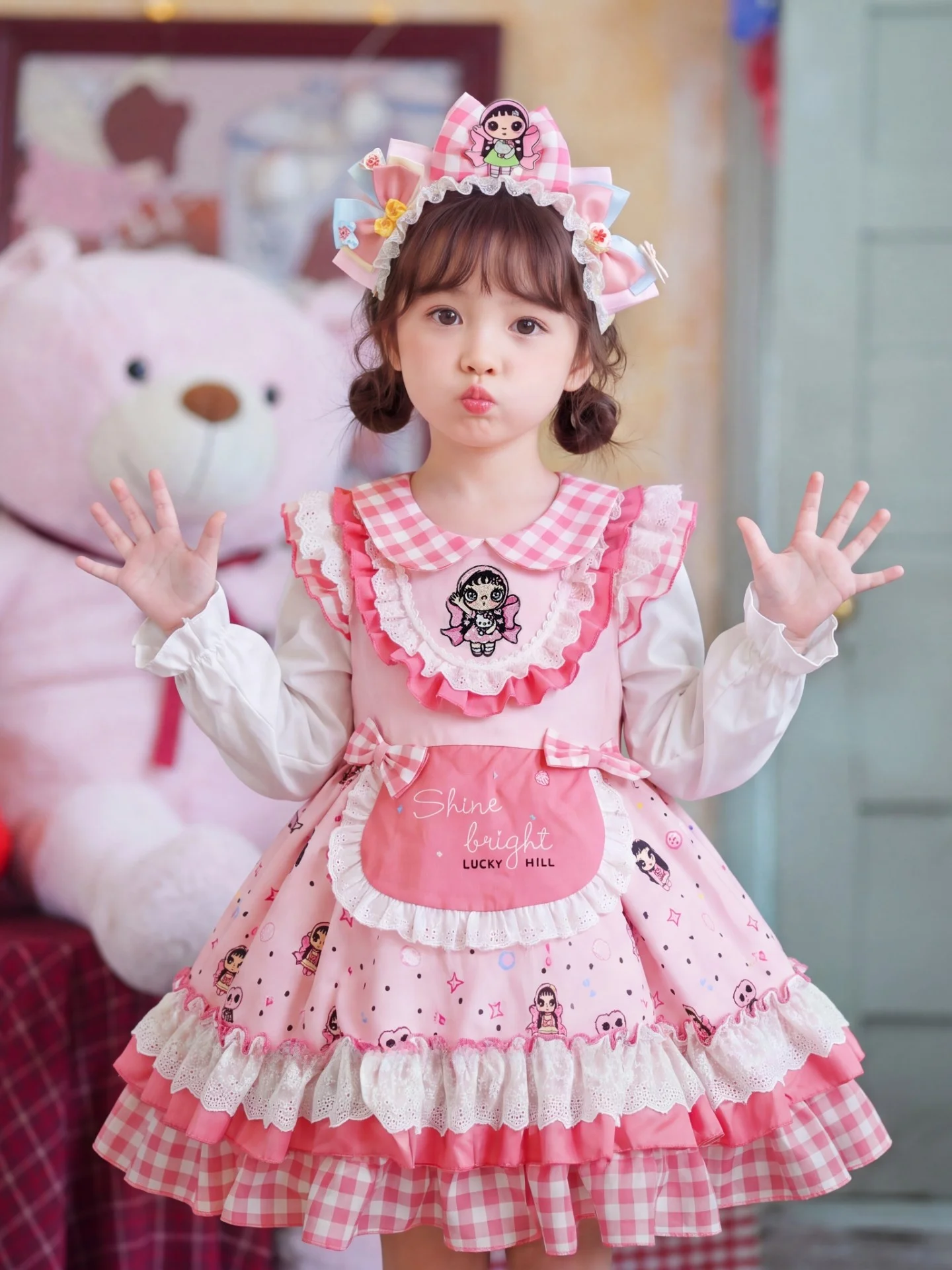 Conjunto de Vestido Lolita Rosa para Meninas, Saia com Estampa Xadrez, Estilo Princesa Doce, Manga Longa, Colarinho de Boneca...
