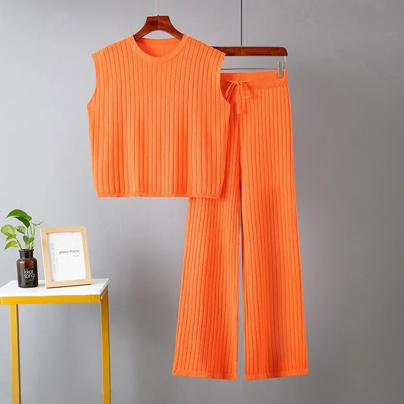 Two Piece Sets Sleeveless Knitted Suit Sweater Vest Women Outifits Wide Leg Trousers Tracksuit Beautiful two-piece set Y811