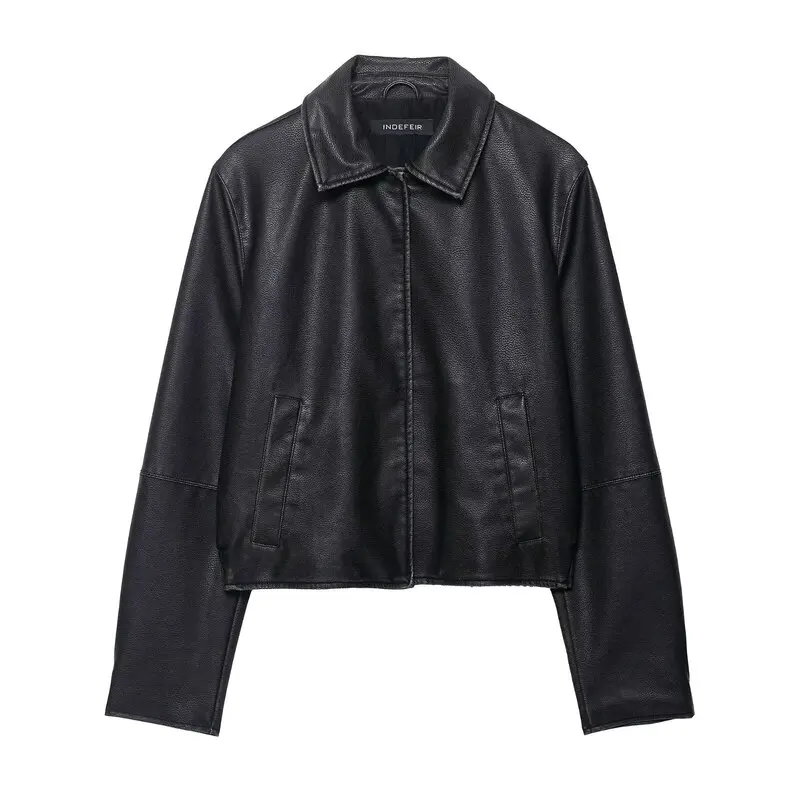 Kedatangan Baru Musim Gugur 2025 Jaket Luar Wanita Model Longgar Bahan Kulit Imitasi untuk Kerja, Kancing Panjang, Panjang Reguler