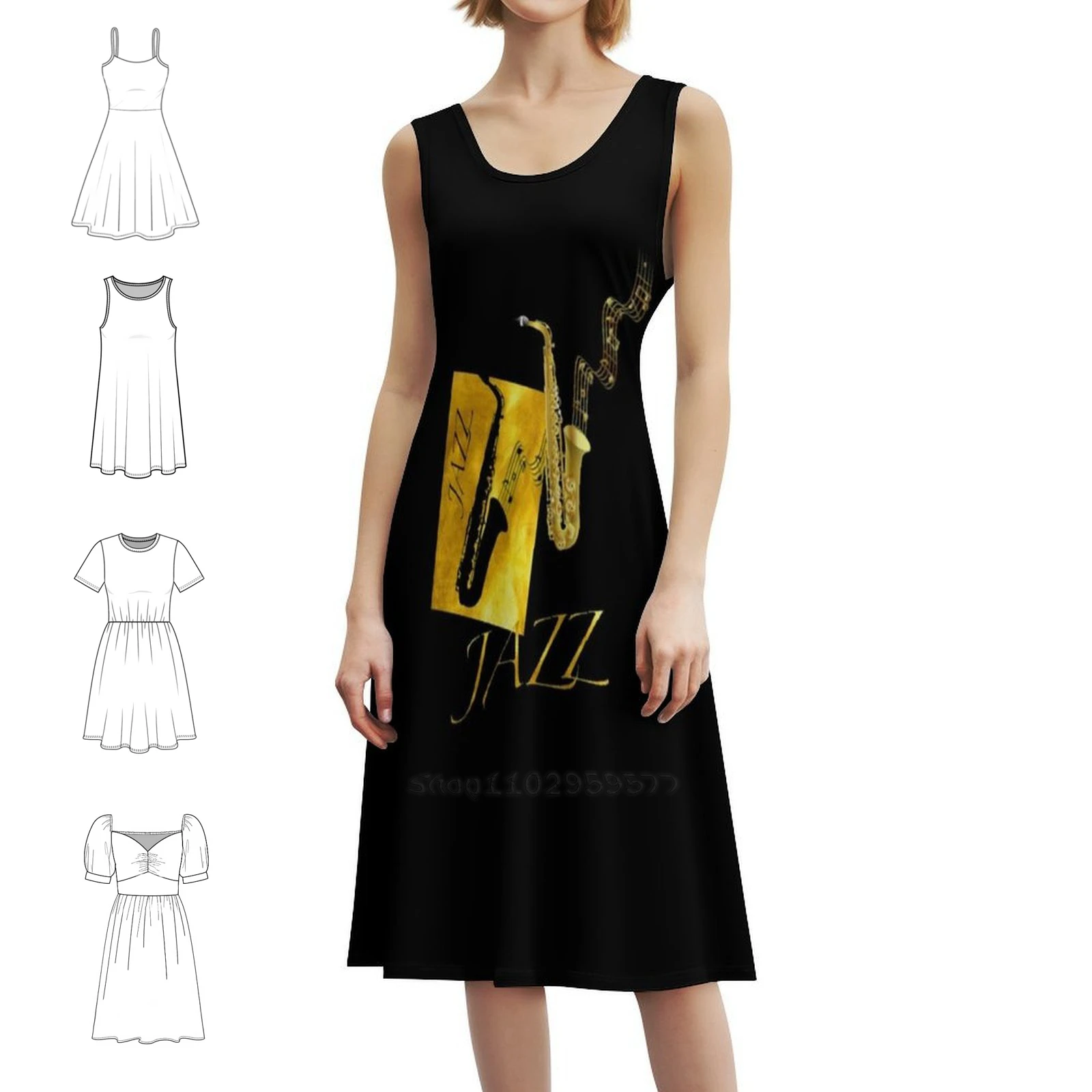 Regalo de saxofón de Jazz, notas musicales de saxofón dorado, espalda cruzada, vestido informal de estilo coreano para mujer, vestidos sencillos de oficina para uso diario, Jazz