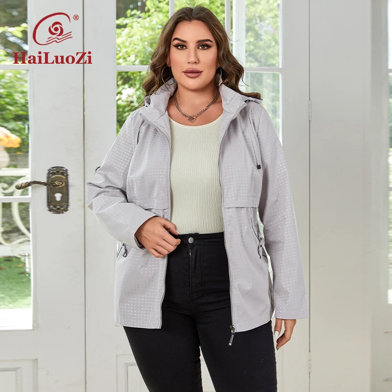 HaiLuoZi-gabardina corta con capucha desmontable para mujer, abrigo de talla grande a prueba de viento, con bolsillo lateral, a la moda, 2023, 727