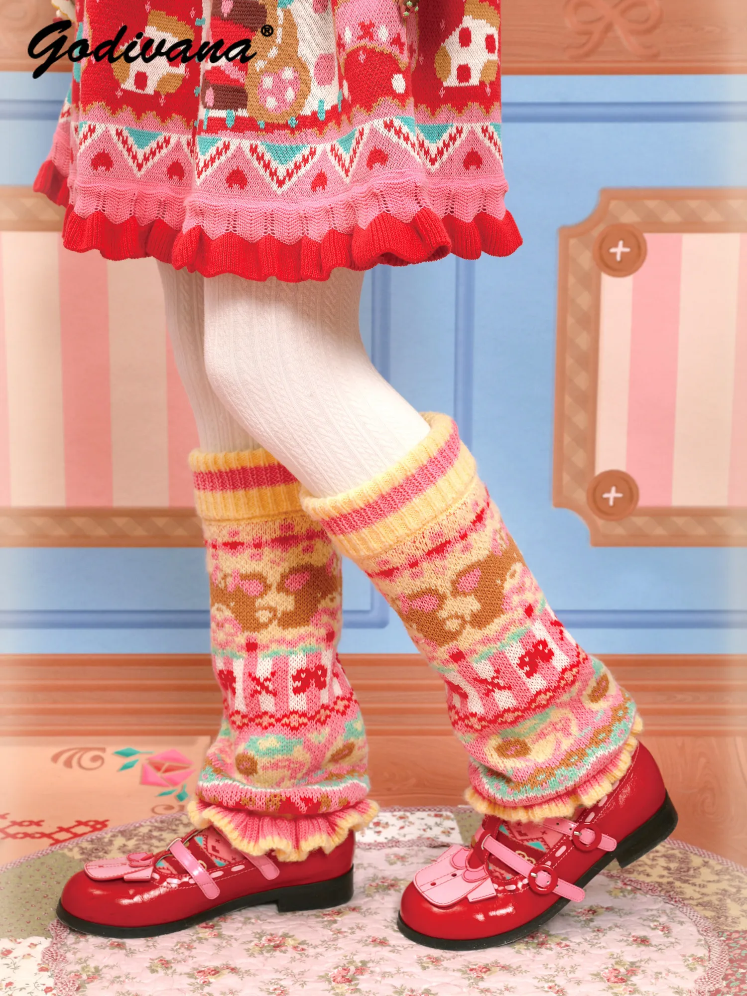 Cartoon Bear Knitted Wool Warm Leg Warmers Socks New Autumn and Winter Women's Kawaii Lace Trim Soft Knit Boot Cuffs Leg Socks