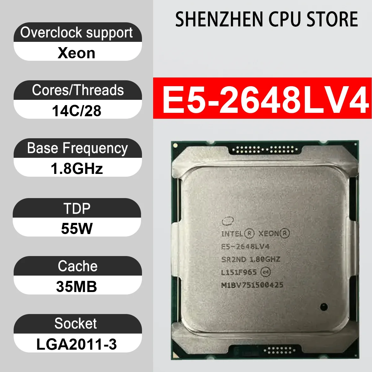 Intel Xeon E5-2648LV4 14 Core 28 Thread 1.8GHz 55W 35MB Cache 14nm Broadwell-EP DDR4-2400 MHz SR2ND LGA 2011-3