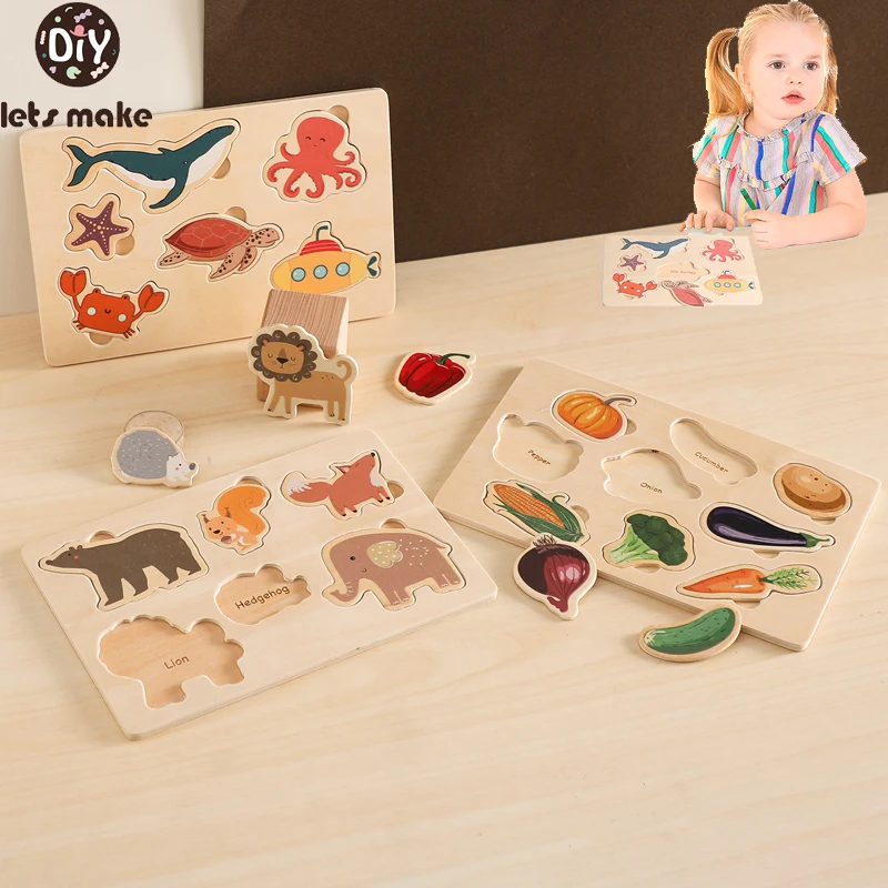 Let's Make Wooden Puzzle Toy Children Cartoon Animal Shape Puzzle Baby Early Education and Intellectual Building Block Toy Gifts