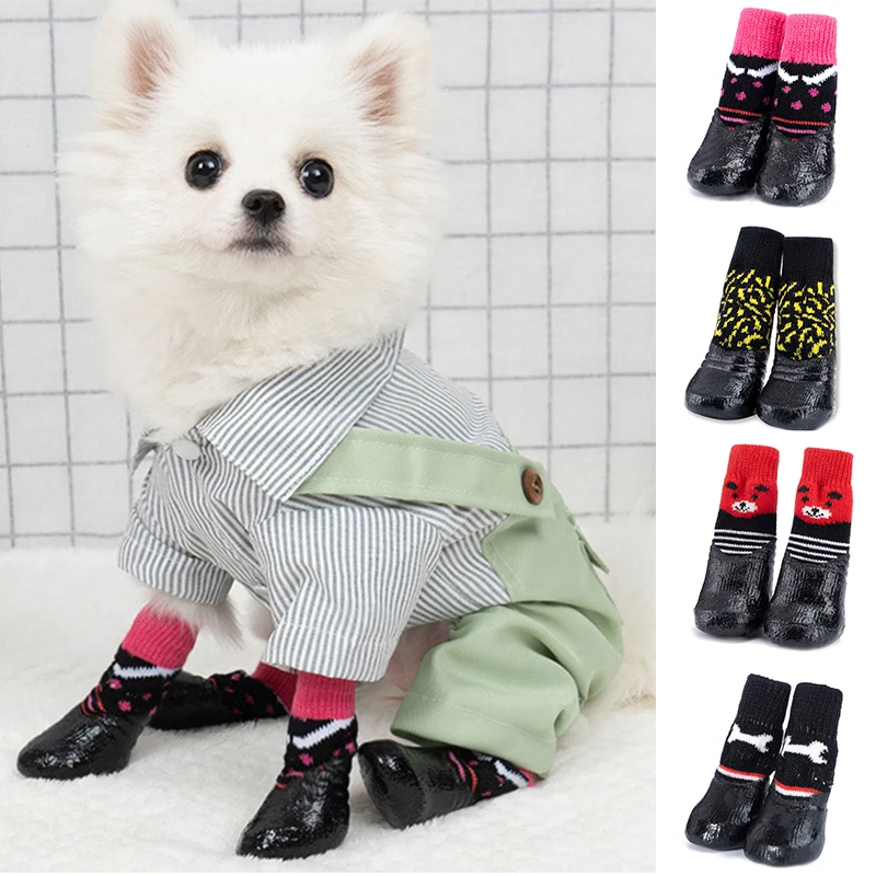 4Pcs/set Waterproof Pet Dog Shoes Cute Knitting Warm Socks For Small Medium Dogs Non-slip Rubber Cats Dogs Rain Snow Boots Socks