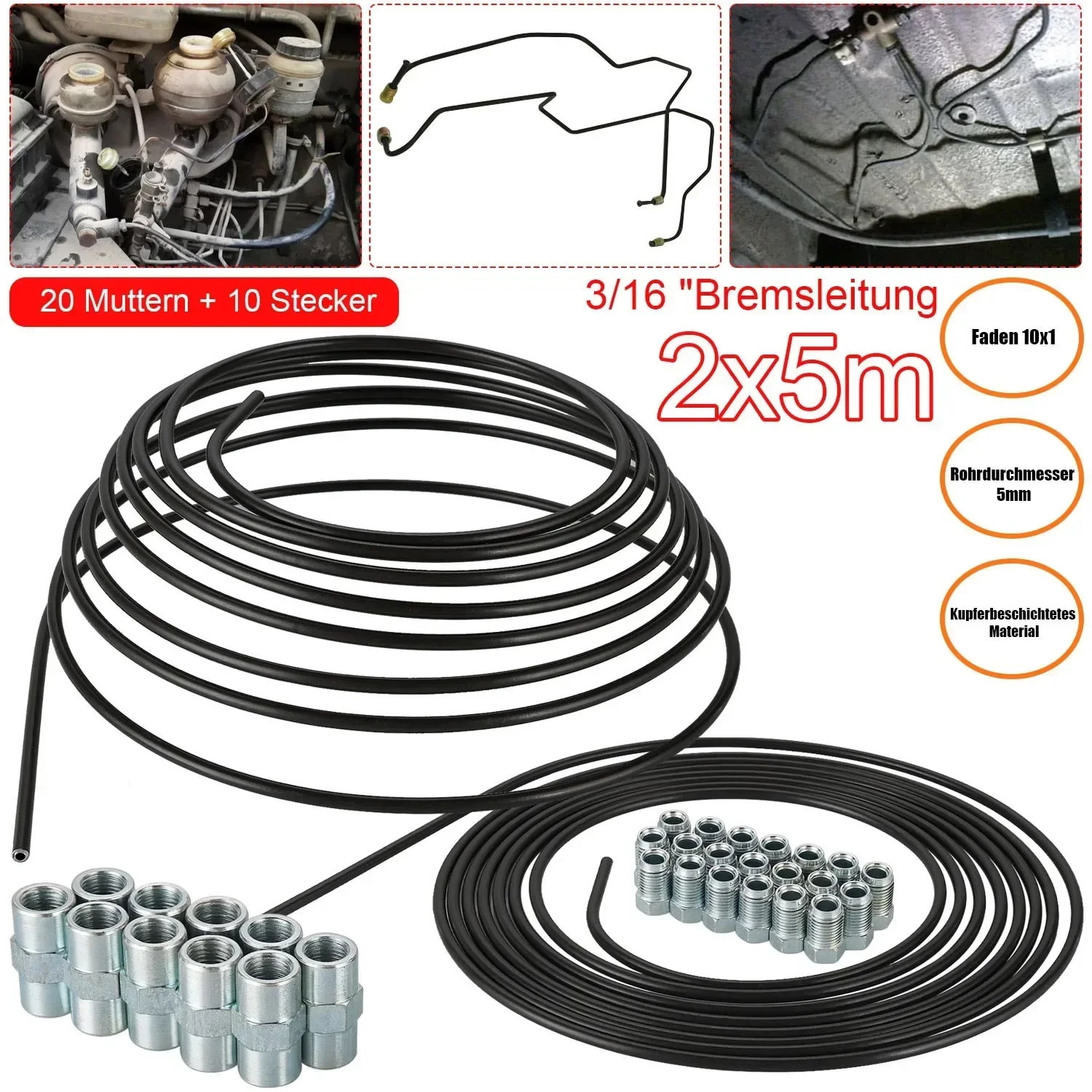 Linhas de freio do carro Bobinas de tubo, Auto Roll Pipes, 20 Nuts, Kit 10 Conectores, 5m, 3 pol, 16 pol, 4,75mm, 2PCs