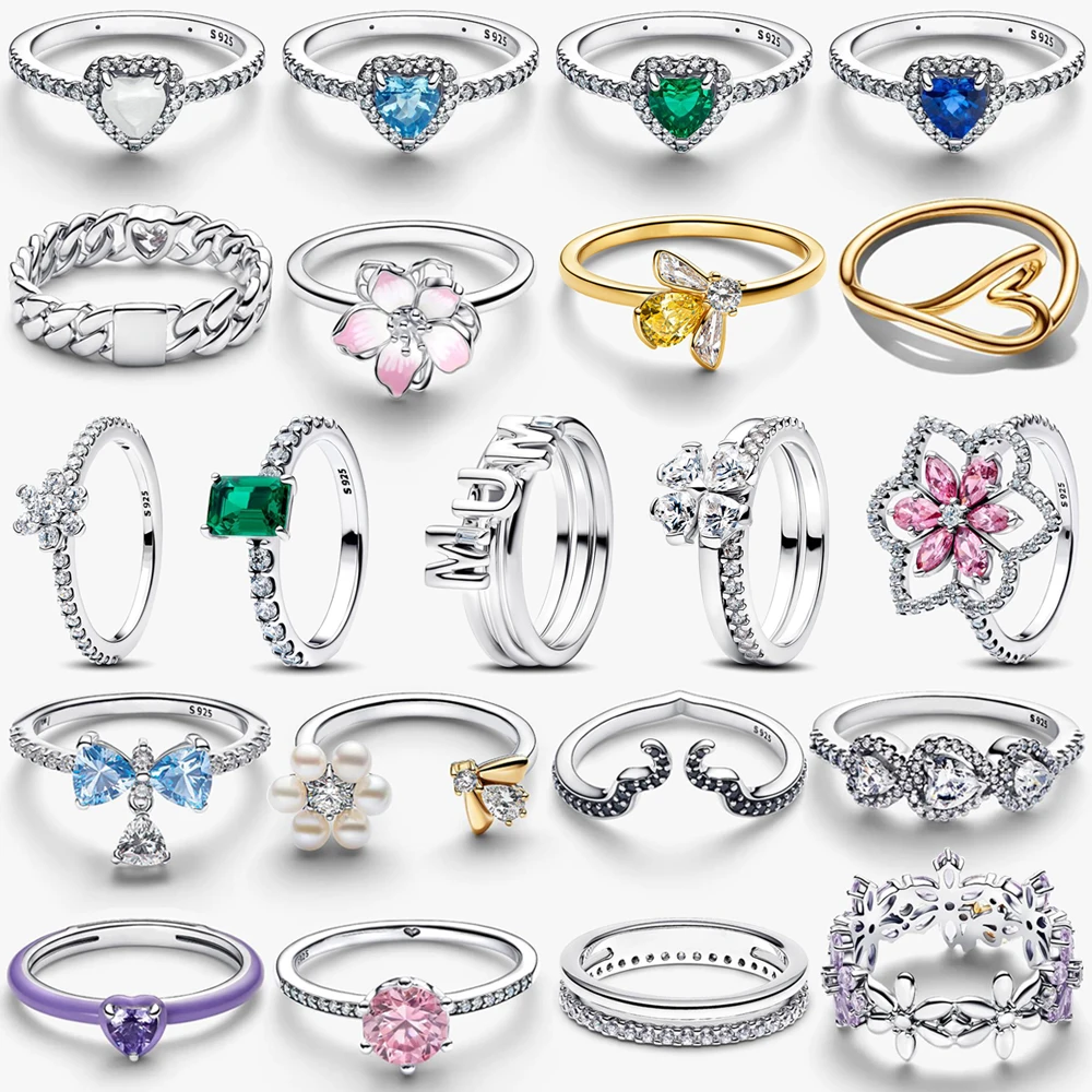 

2026 New 925 Silver Colorful Elevated Heart shaped Bow Purple Flower Bee Princess Crown Ring Exquisite DIY Charm Jewelry Gift