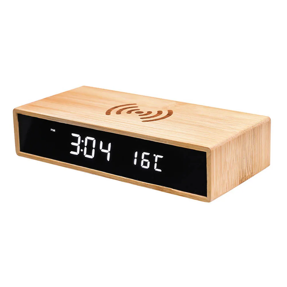 Stylish Wooden Finish Alarm Clock with Integrated Wireless Charging Pad LED Display for Date Time Voice Activated Functions