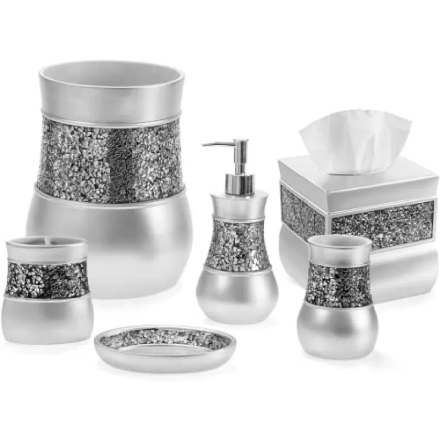 

Набор аксессуаров для ванной комнаты из 6 предметов из серебристого кракле-стекла: мусорное ведро, держатель для салфеток, дозатор для мыла, подставка для зубных щеток, дозатор для жидкого мыла