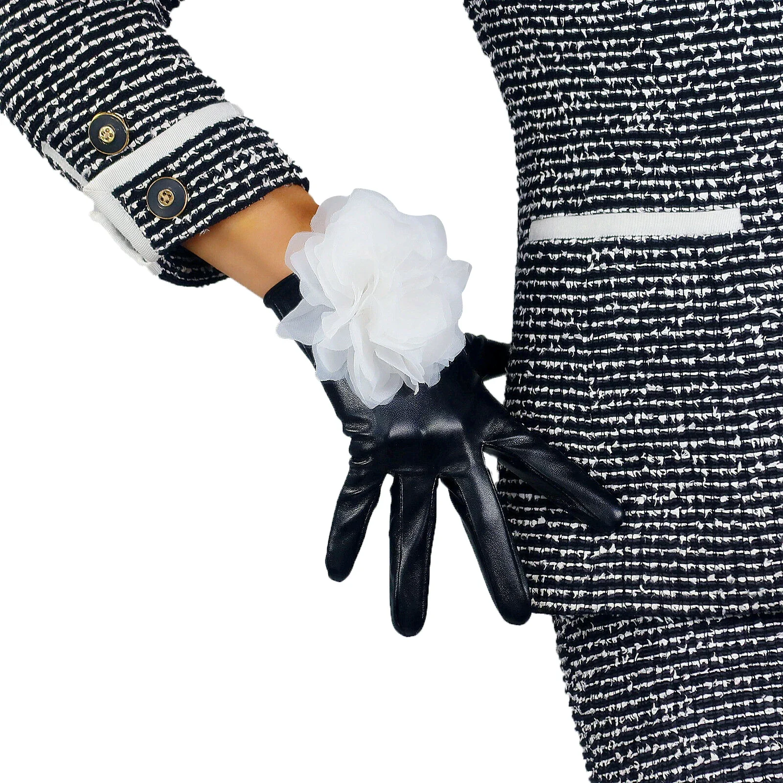 DooWay Women's TECH Short Gloves Soft Faux Leather 21cm Wrist Black Camellia White Flower Touchscreen Warm Fashion Evening Glove