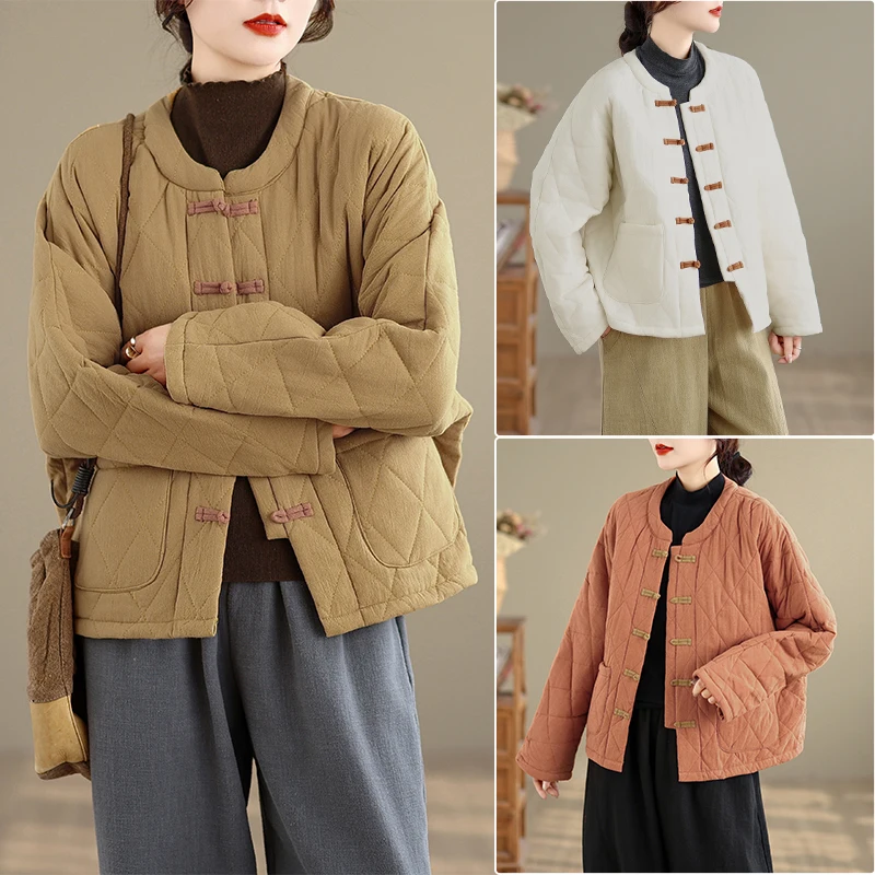 

Новая китайская национальная тенденция, цветная льняная верхняя одежда на пуговицах, женская зимняя одежда, хлопковая теплая художественная универсальная ...