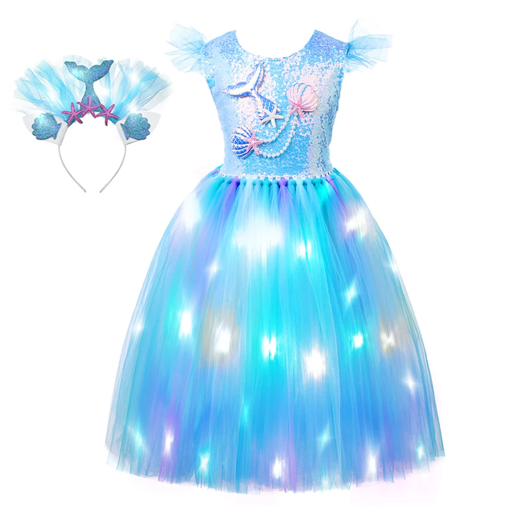 Wholesale Led Mermaid Custom Princess Elsa Tutu Dress Set Kids Glitter Clothes Gifts Shinny Ballet School Party Girl Dress