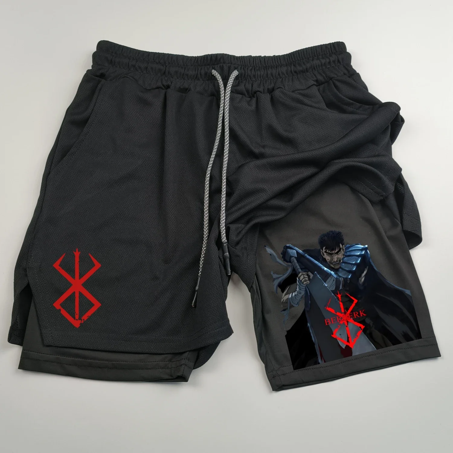 Heren Sportshorts Anime Berserk Guts Sneldrogend Ademend 2 In 1 Dubbellaagse Shorts Met Sportfitness Gymshorts