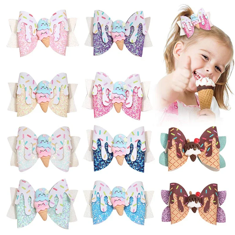 ncmama New Ice Cream Hair Bow Clips For Kids Lovely Glitter Bowknot Hair Pin Donuts Hairgrips Baby Headwear Hair Accessories