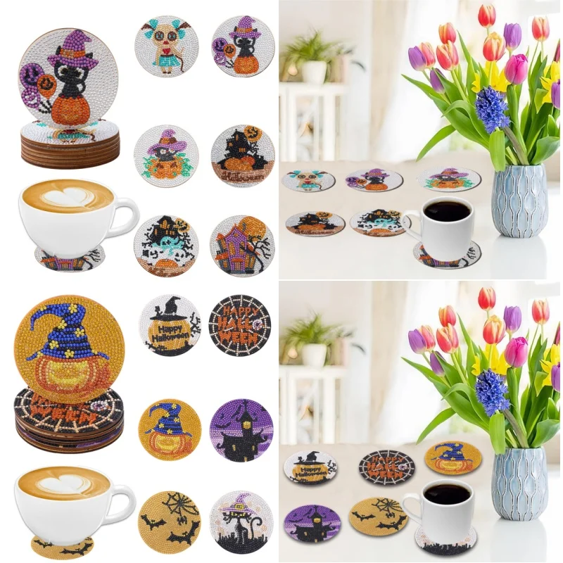 

6 sets of DIY artificial diamond Halloween colorful Mosaic drink coasters, anti-slip wooden placemats