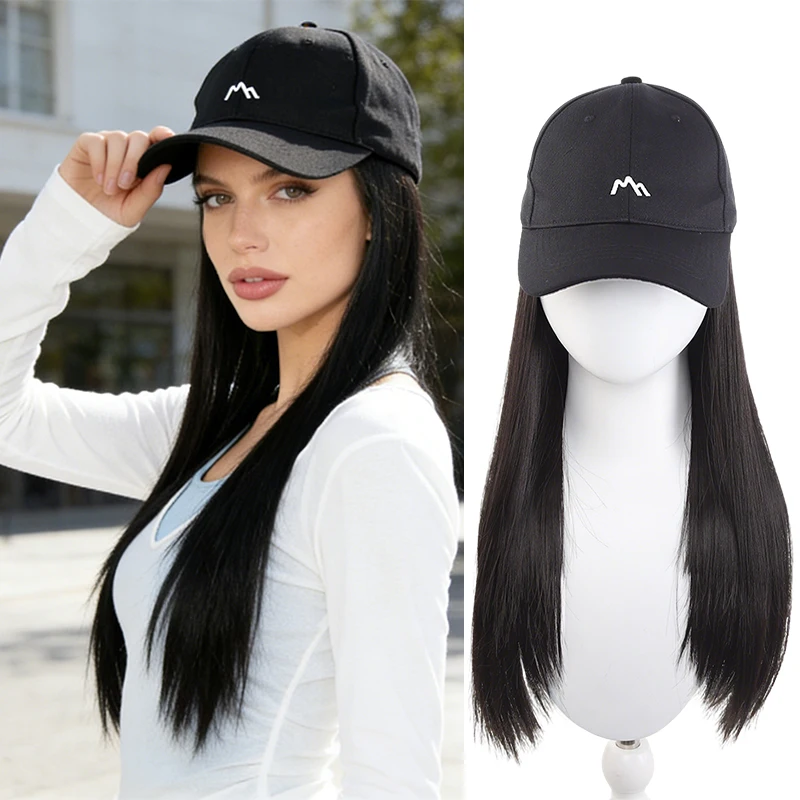 Black Baseball Cap with 3D Mountain Embroidery & Synthetic Fiber Long Straight Wig – Stylish One-Piece Wig Hat for Women, Easy W