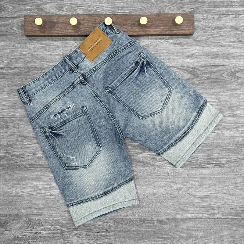 New Shorts Men\'s Spliced Denim Shorts Knee Length Designer Luxury Streetwear Distressed Korean Luxury Casual Summer Short Jeans
