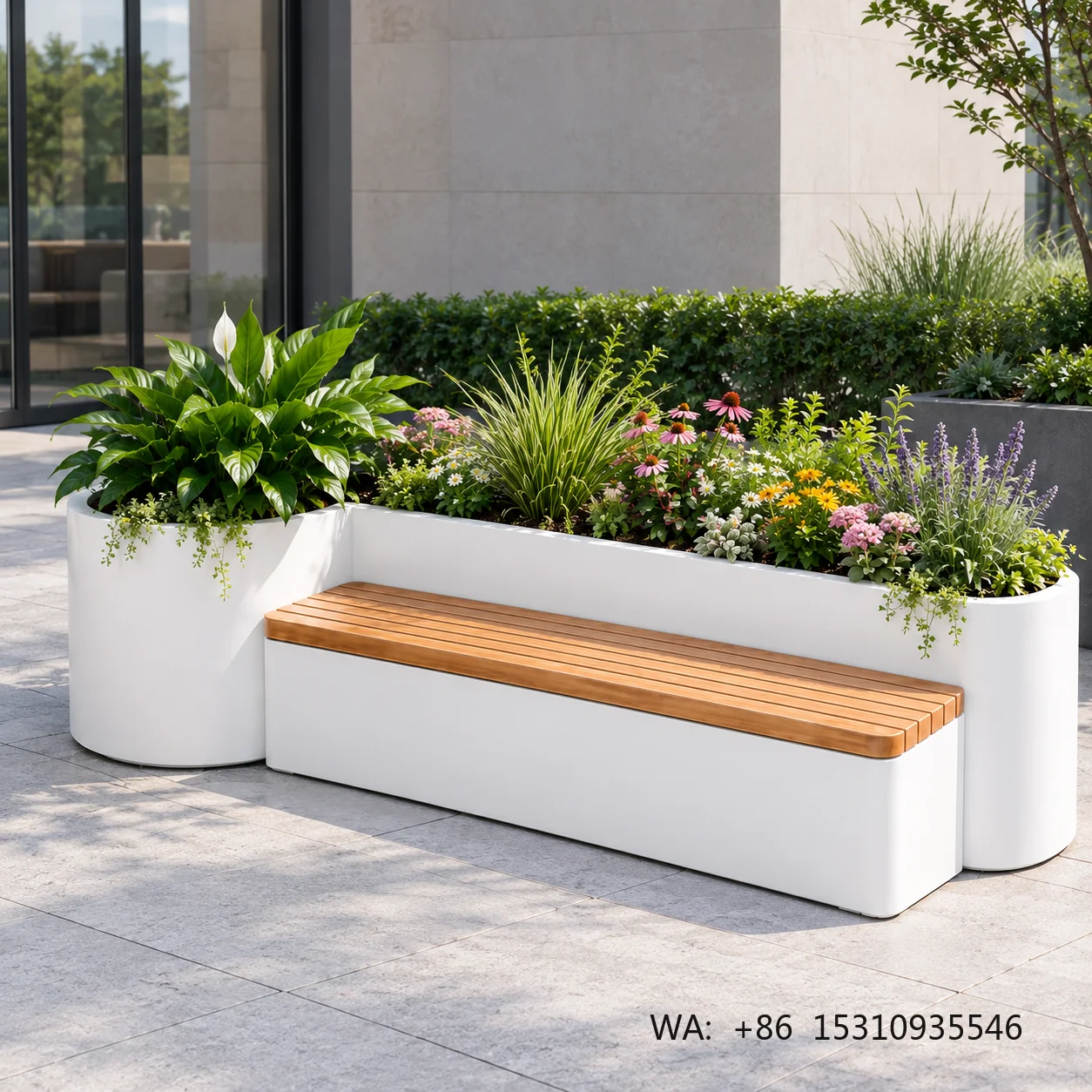 Modern Planter Bench Combination Integrated Flower Box Seating with Wooden Seat for Commercial scape Public Spaces