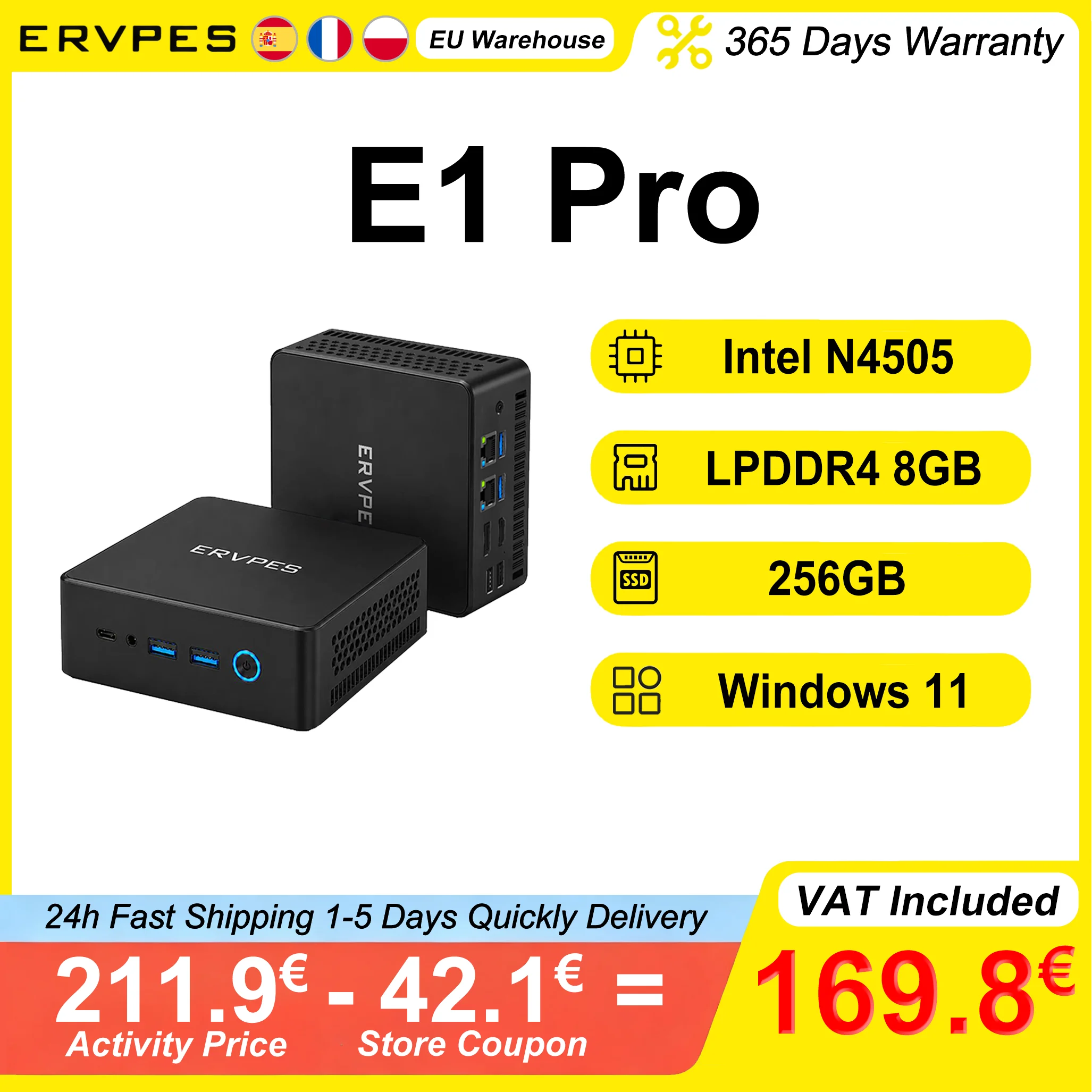 ERVPES E1 Pro Mini PC, Intel N4505, 8 GB LPDDR4, 256 GB SSD, Windows 11, WiFi 5, Intel UHD Graphics, Bluetooth 5.0.