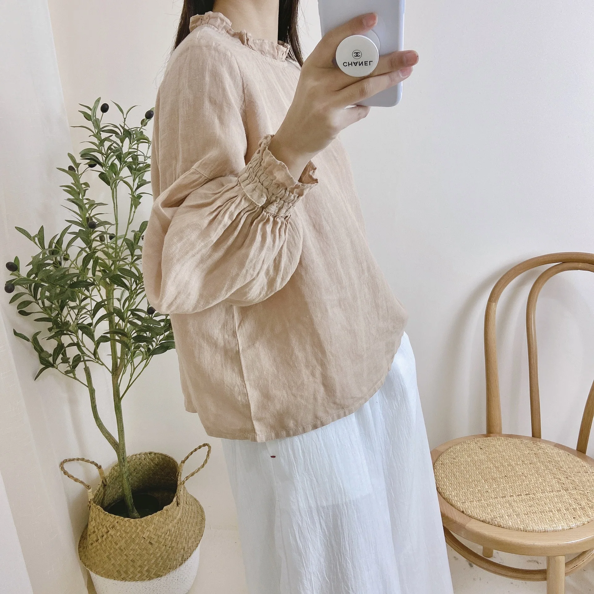 Johnature 2024 Spring New Linen Shirts For Women Vintage Japanese Loose Solid Color Lantern Sleeve Tops 3 Colors