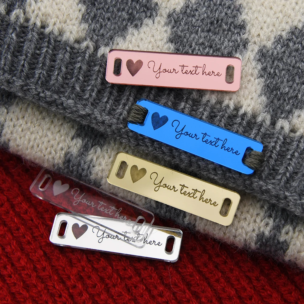 

Custom Mirror Acrylic Tags Laser Engraved 0.39"x1.50" Personalized Text Logo For DIY Crafts Clothing Hats Gloves Home Decor