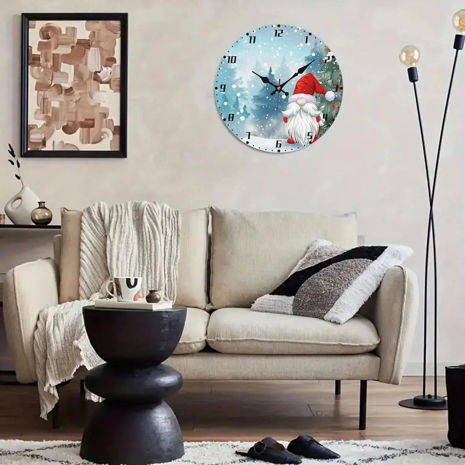Christmas Gnome Silent Wall Clocks Battery Operated Clocks, 9.8 in Wooden Decorative Clock for Kitchen Bedroom Living Room