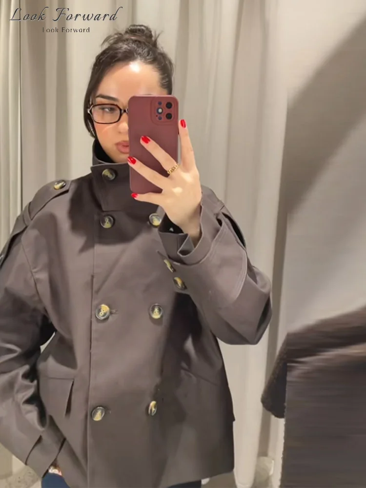 الكاكي خندق معطف المرأة مزدوجة الصدر سترة امرأة الوقوف طوق كم كامل جيب 2025 الخريف ملابس خارجية فضفاضة غير رسمية سيدة #2