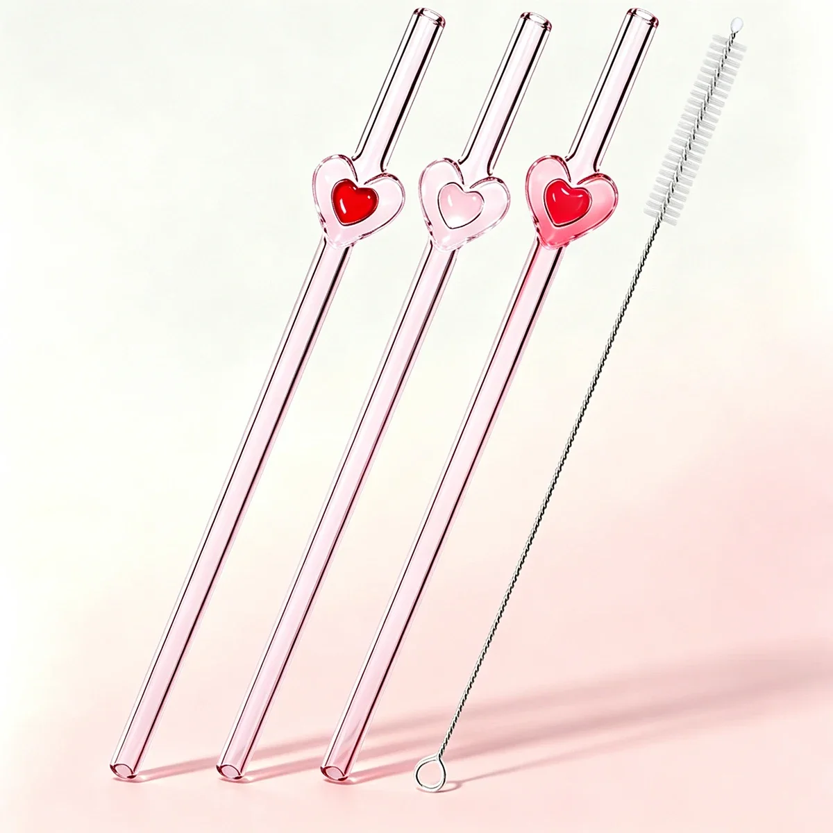 3pcs Pink Heart Shape Straw Set with Brush Reusable Glass Straw Suitable for Milkshakes Juices Coffee Kitchen Bar Accessories