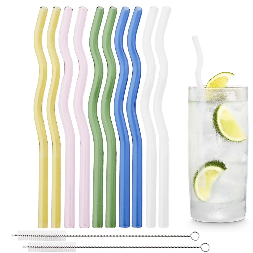 10Pcs Glass Straws Reusable Wavy Glass Straws 7.8 In*8mm Transparent Eco-friendly Glass Straws with 2 Cleaning Brush