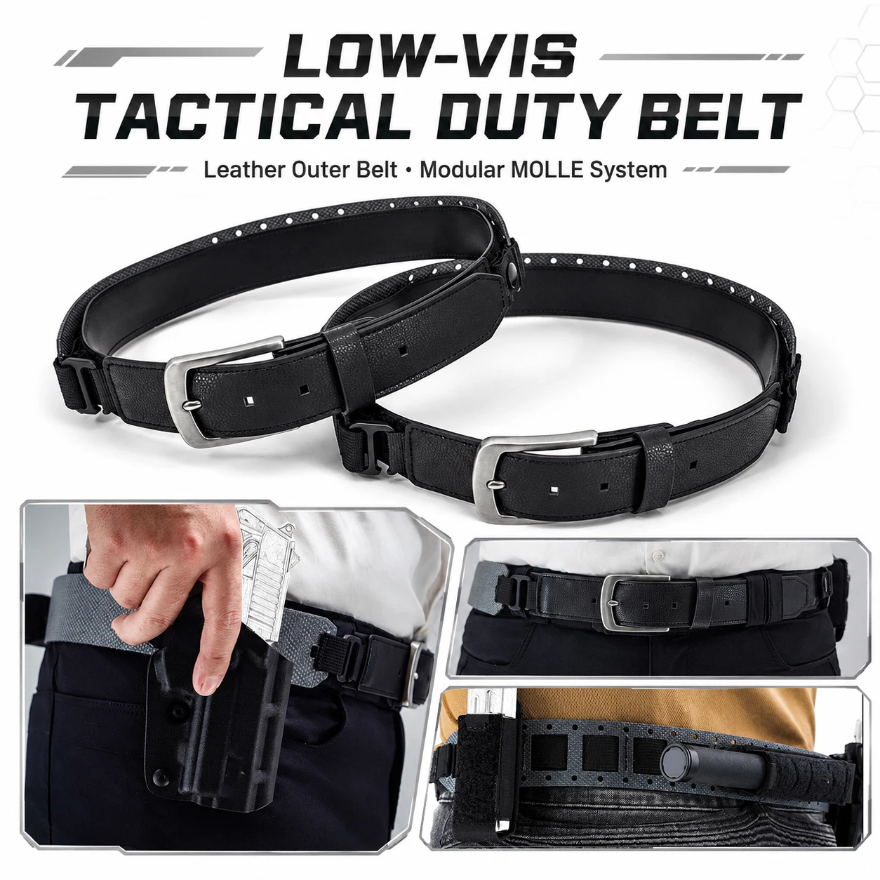 Tactical Low Visibility Duty Belt Concealed Carry Modular Leather Belt with MOLLE System, RFID Storage Management, Quick Detach