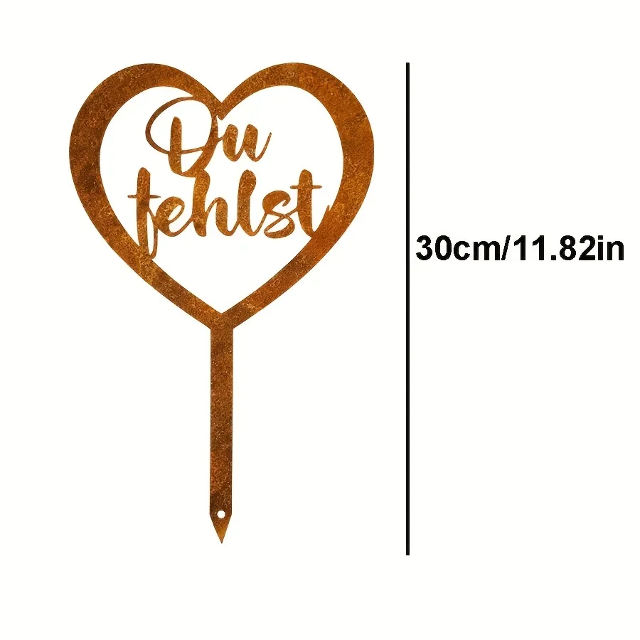 CIFBUY 1pc Heart Shaped Rusted Metal Grave Stake with German Phrase 