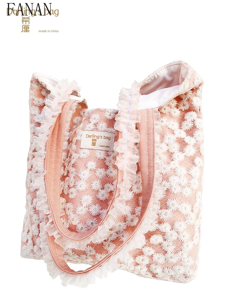 

Japanese Women's Handbags Embroidered Shopping Shoulder Bag Large Capacity Open and Simple Lace Handheld Canvas Bag for Women