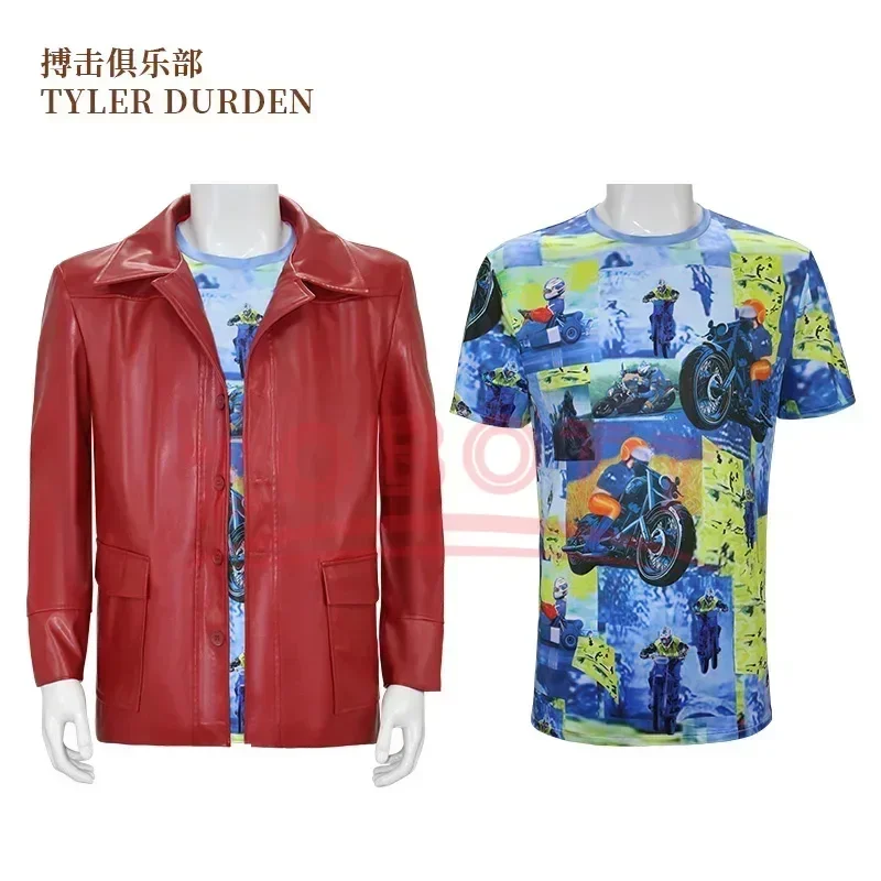 Hot Fight Club Tyler Durden Cosplay Costumes In Stock Brad Biker Leather Jacket Red Coat Shirt Glasses Halloween Party Suit