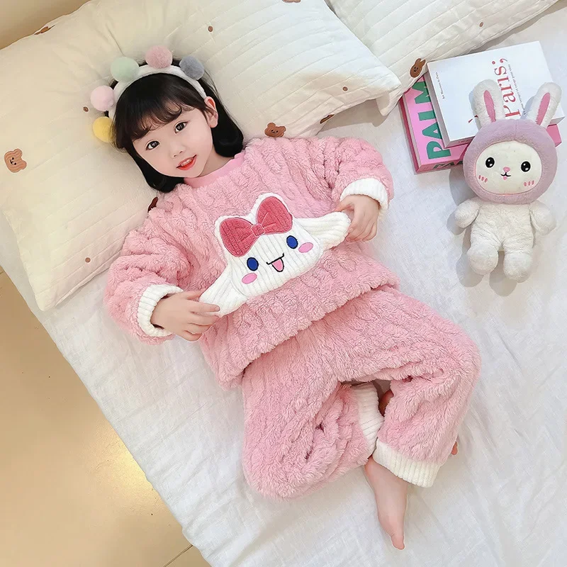 Sweet Cinnamoroll Anime Sanrio Lovely Doll Children Flannel Shirt Pants Pajama Cute Kawaii Thick Coral Velvet Homewear Cloth Toy