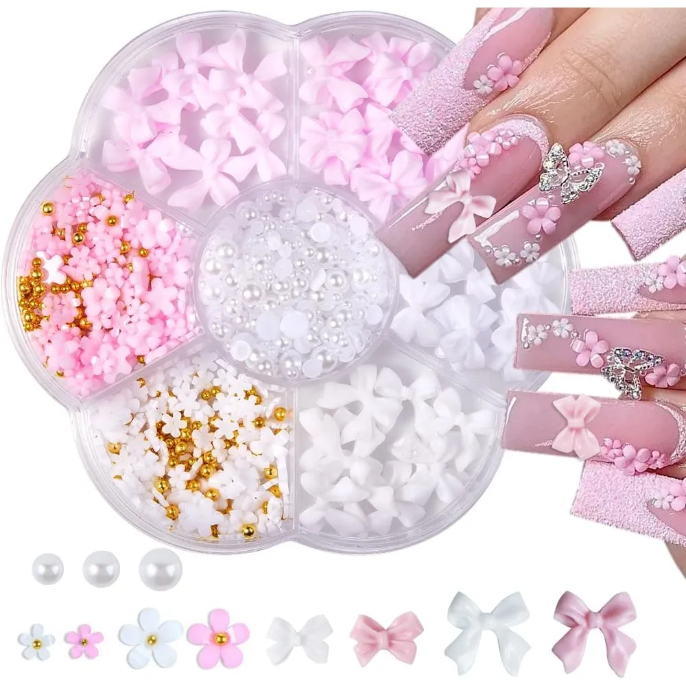 3D Cute Flower and Bow Manicure Kit, Pink White Nail Charms with Acrylic Flowers and Half Pearls Nail Art Decoration