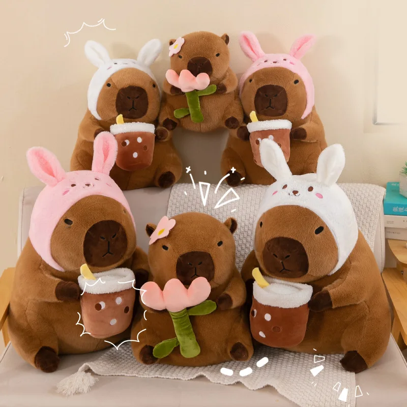 55cm Milk Tea Hugging Flower Capybara Stuffed Plushies Anime Cartoon Room Decoration Soft Plush Pillow Children Christmas Gift