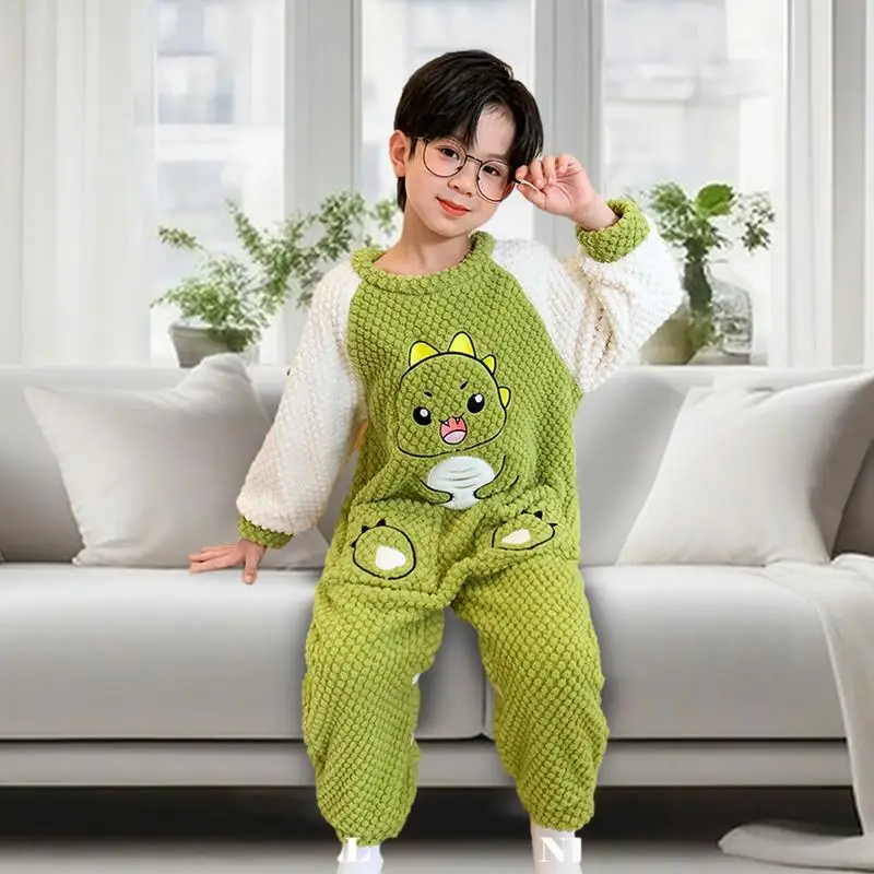 Kids Onesie Unisex Sleepwear With Dinosaur Pattern And 2 Small Pockets Velvet Pajamas Home Clothes For Autumn And Winter