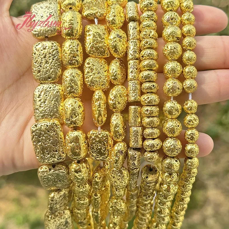 Natural Volcanic Sponge Gold Lava Rock Stone Beads for Needlework Necklace Bracelet Jewelry Making Strand 15