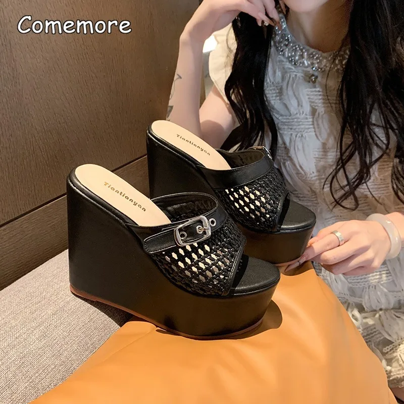 スーパーハイウェッジプラットフォームミュールレディースオープントゥ織りメッシュスライドサンダルバックルストラップセクシーなスリッポンサマーカジュアルシューズ