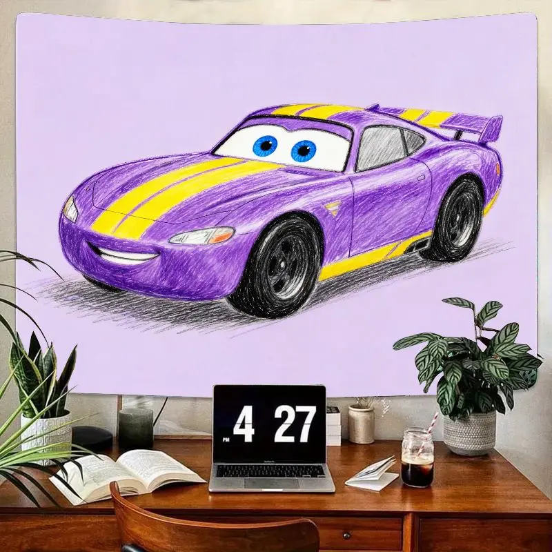 

1 шт. милый фиолетовый мультяшный автомобильный гобелен с желтыми полосками, современное настенное искусство из полиэстера для декора комнаты мальчиков, подарок для спальни, гостиной