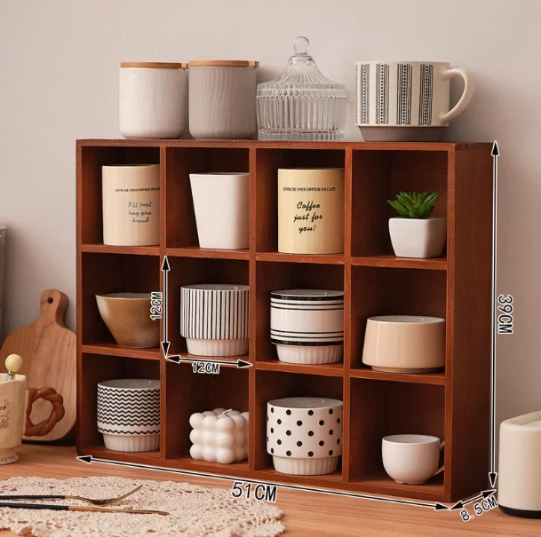 Wall‑Mounted Solid Wood Grid Storage Box, Desktop Display Shelf for  Tea‑Set Cup, Multi‑Grid Home Wall Ornament Organizer Rack