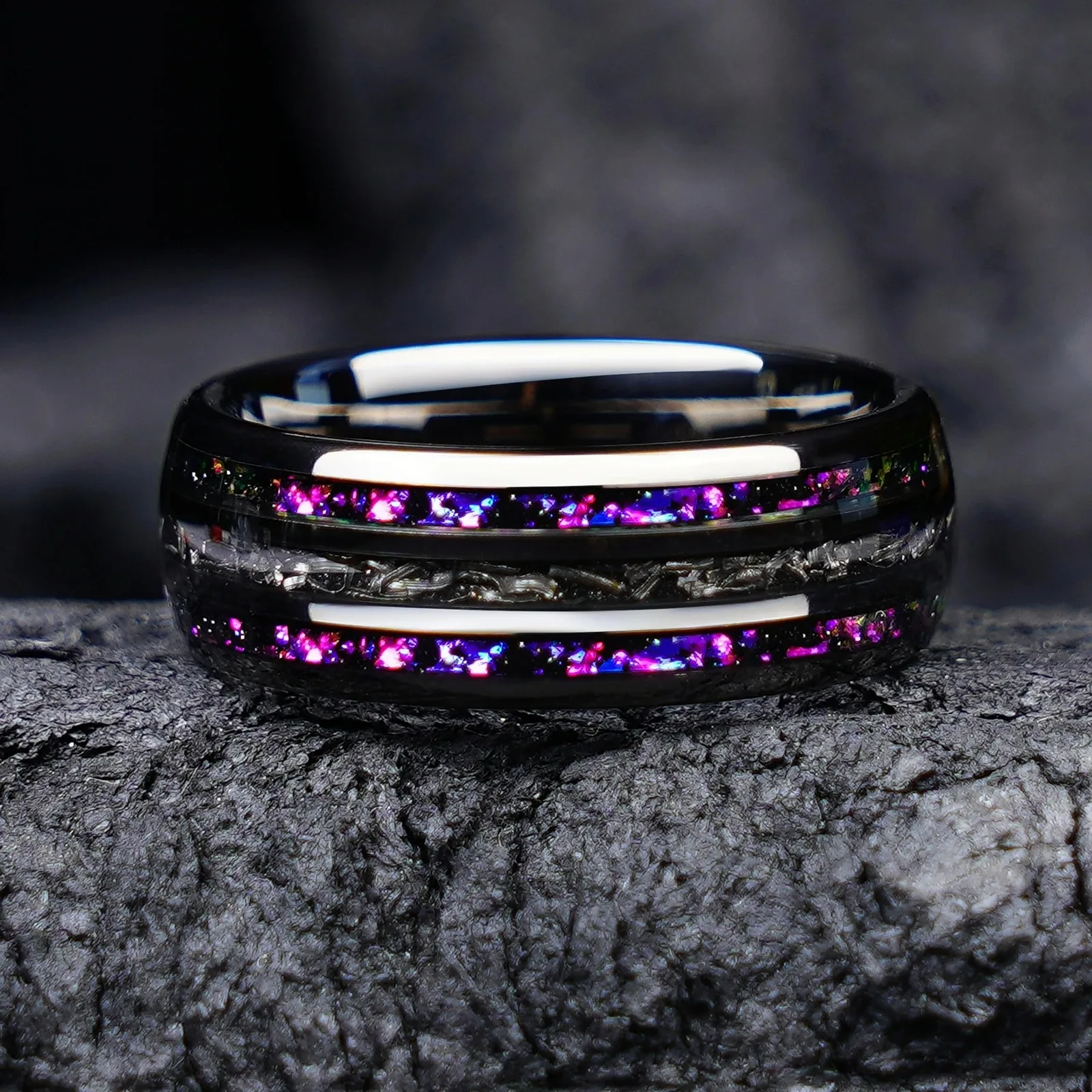 Anpassbare 8 mm breite schwarze Wolframringe als Geschenk für Männer mit Nebel, Galaxie und Meteorit, Größe 7–12, kann Namen gravieren