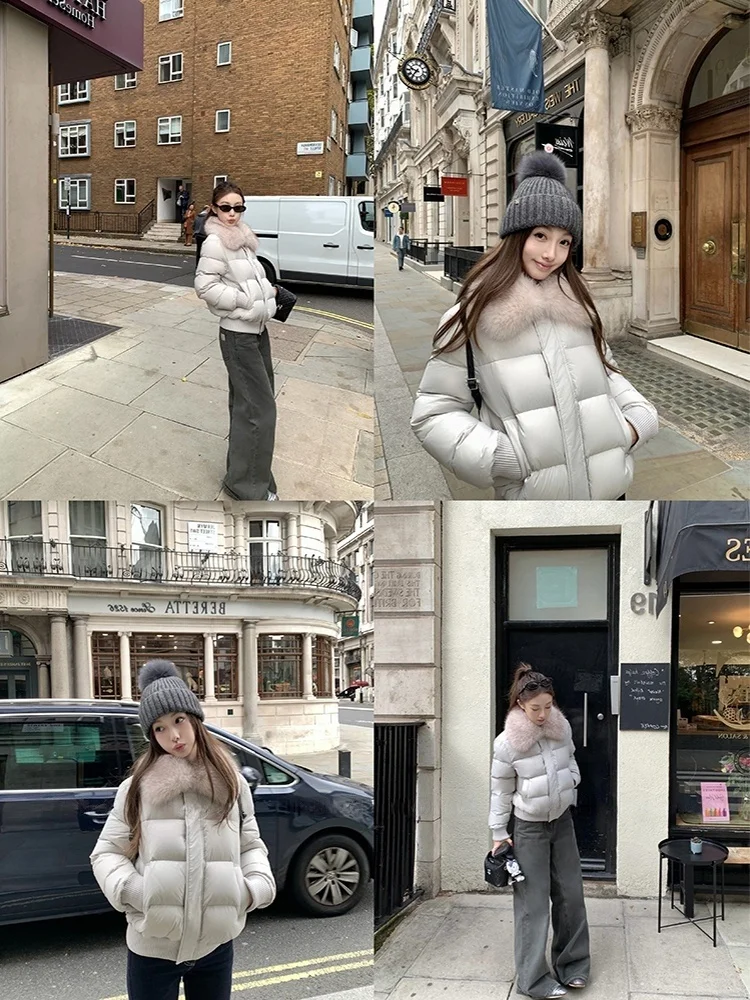 ort Puffer Jaet Women's Winter Warm Soft Core Doughnut Sle White Du down Coat Detachable Fur Collar Casual Sle